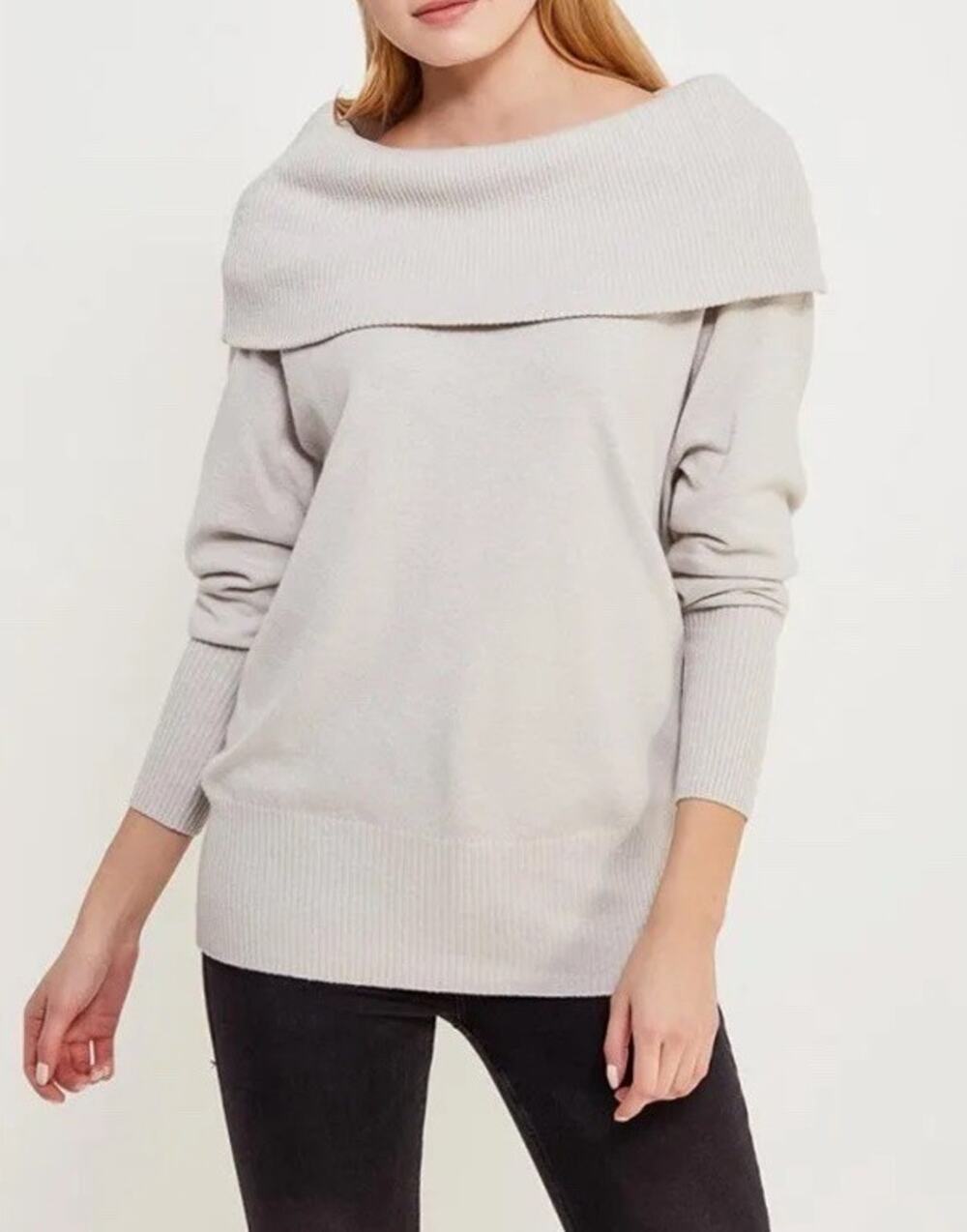 Lord & Taylor 100% Cashmere Off Shoulder Foldover Collar Sweater Gray XS